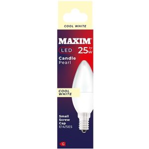 Maxim 3W=25W Candle Pearl Cool White E14 SES LED Light Bulb