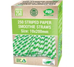 Green & White Striped Biodegradable Paper Smoothie Straws 1cm X 20cm Pack Of 250