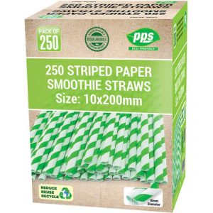 Green & White Striped Biodegradable Paper Smoothie Straws 1cm X 20cm Pack Of 250