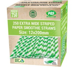 Green & White Striped Biodegradable Extra Wide Paper Smoothie Straws 1cm X 20cm Pack Of 250