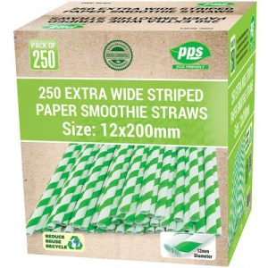 Green & White Striped Biodegradable Extra Wide Paper Smoothie Straws 1cm X 20cm Pack Of 250
