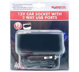 Roadster 3-Way Usb Port Car Socket 12V