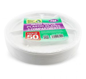 White Plastic 3 Compartment Plates 26cm Pack Of 50