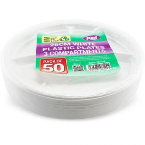 White Plastic 3 Compartment Plates 26cm Pack Of 50