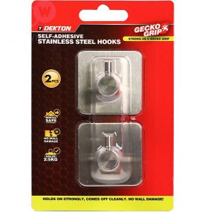 Dekton Gecko Grip Self-Adhesive Stainless Steel Hooks Pack Of 2