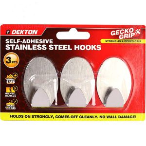 Dekton Gecko Grip Self-Adhesive Stainless Steel Hook Set 3pc