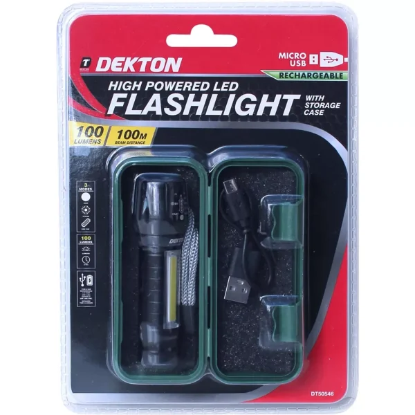 Dekton 100m Beam Rechargeable Torch with Storage Case
