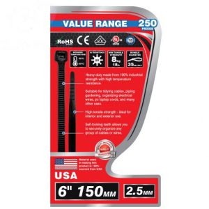 Dekton 250 Piece 2.5mm X 150mm Black Cable Ties