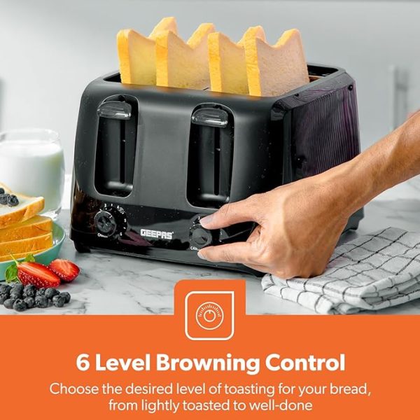 Geepas Black 4-Slice 6 Level Bread Toaster 1400W