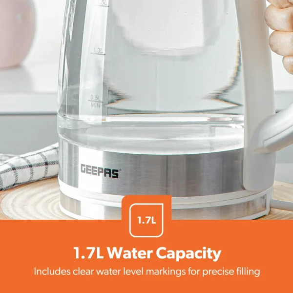 Geepas LED Illuminating White Glass Rapid Boil Kettle 1.7L