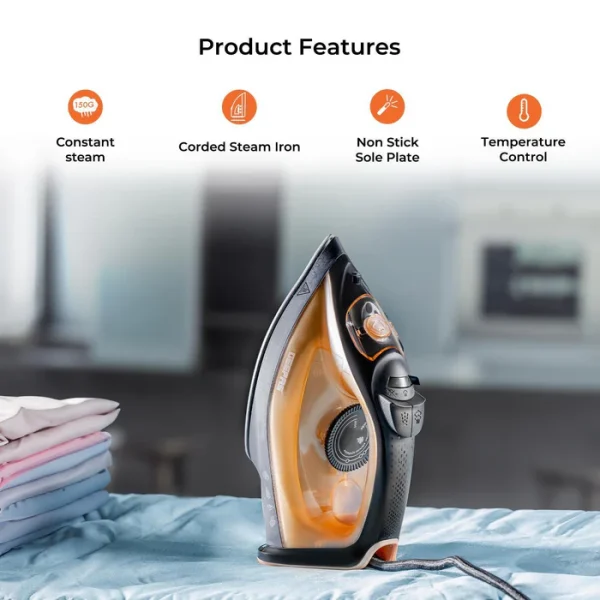 Geepas Black & Gold Non-Stick Adjustable Temperature Steam Iron 1800W