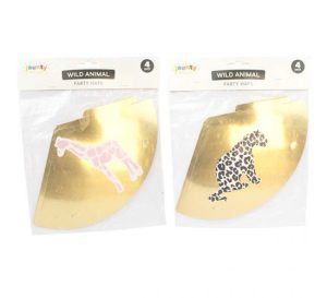 Jaunty 6" Metallic Gold Wild Animal Leopard & Giraffe Party Hats Pack Of 4