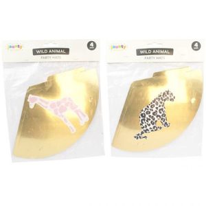 Jaunty 6" Metallic Gold Wild Animal Leopard & Giraffe Party Hats Pack Of 4