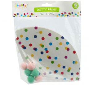 Jaunty 6" Dotty Print Party Hats with Pom Pom 6pc