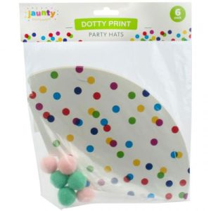 Jaunty 6" Dotty Print Party Hats with Pom Pom 6pc