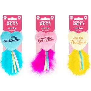 World Of Pets Catnip Heart Plush Feather Cat Toy