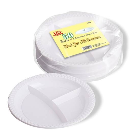 50 DELUXE 3 COMPARTMENT ROUND PLASTIC PLATES 9"