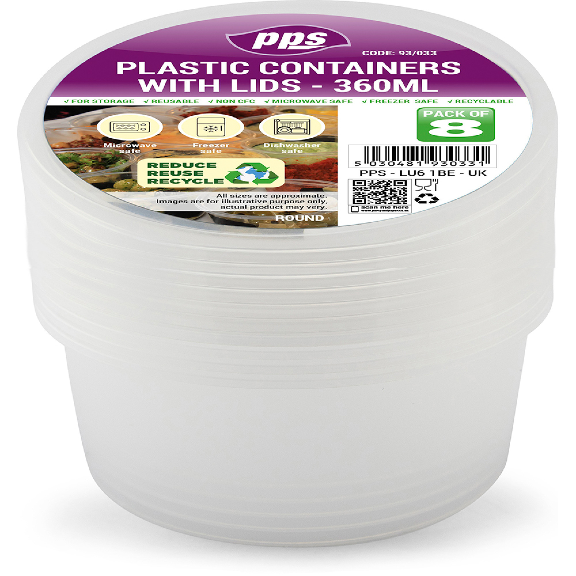 PPS CLEAR PLASTIC ROUND FOOD CONTAINERS WITH LID 360ML Pack Of 8