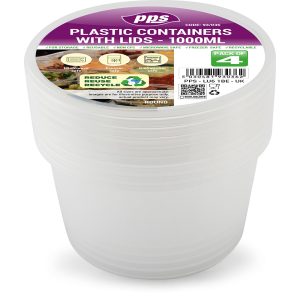 PPS CLEAR PLASTIC ROUND FOOD CONTAINERS WITH LID 1000ML Pack Of 4