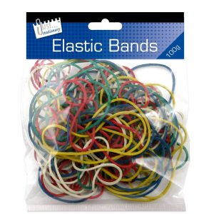 ELASTIC RUBBER BANDS - ASSORTED COLOURS AND SIZES - 100G
