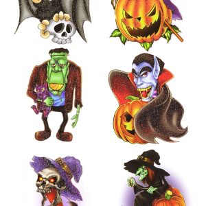 6 HALLOWEEN TEMPORARY TATTOOS TRANSFERS TRICK OR TREAT PARTY LOOT BAG FILLERS PUMPKIN BAT SKULL ZOMB