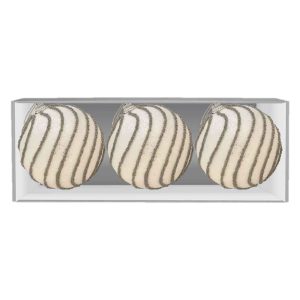 3 WHITE WITH SILVER TRELLIS BAUBLES 80MM