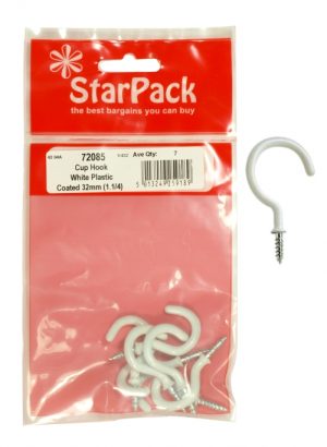 STAR Pack Of 7 CUP HOOK WHITE PLASTIC COATED 32MM