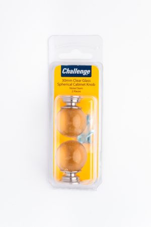 CHALLENGE CLEAR GLASS SEPHERICAL CABINET KNOB WITH NICKEL STEM 30MM Pack Of 2