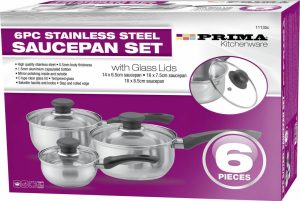PRIMA COOKWARE SAUCEPAN SET WITH GLASS LIDS Pack Of 6