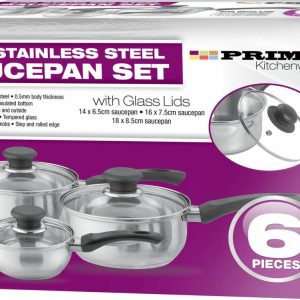 PRIMA COOKWARE SAUCEPAN SET WITH GLASS LIDS Pack Of 6