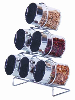 HIGHLANDS 6 PIECE GLASS SPICE RACK WITH METAL STAND