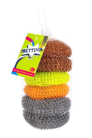 6 ASSORTED POT SCOURERS ( 2 COPPER - 2 GALVANISED - 2 PLASTIC)