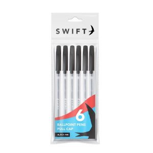 SWIFT PULL CAP BALLPOINT PENS Pack Of 6 - BLACK