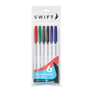 SWIFT PULL CAP BALLPOINT PENS Pack Of 6 - ASSORTED COLOUR