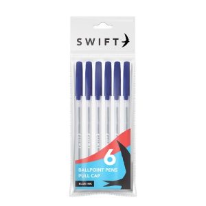 SWIFT PULL CAP BALLPOINT PENS Pack Of 6 - BLUE