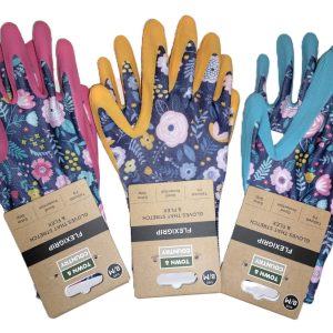 TOWN & COUNTRY FLEXIGRIP LADIES LATEX FLORAL GLOVES 3 PAIRS -MEDIUM(8)