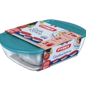 PYREX COOK & STORE 3 PIECE GREEN LID SET 0.4LTR X 1.2LTR X 2.5LTR