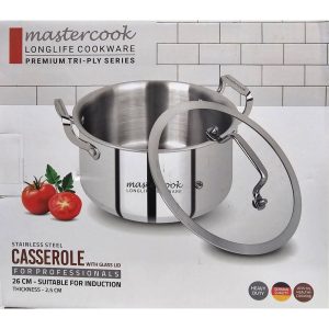MASTERCOOK TRI-PLY STAINLESS STEEL CASSEROLE WITH GLASS LID 22CM
