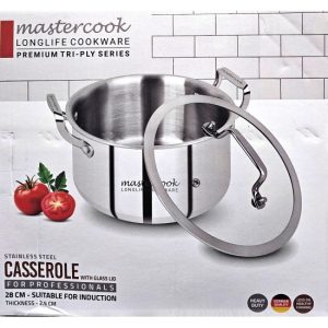 MASTERCOOK TRI-PLY STAINLESS STEEL CASSEROLE WITH GLASS LID 28CM