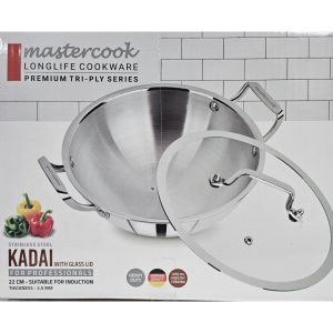 MASTERCOOK TRI-PLY STAINLESS STEEL KADAI WITH GLASS LID 22CM