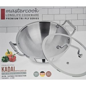 MASTERCOOK TRI-PLY STAINLESS STEEL KADAI WITH GLASS LID 26CM