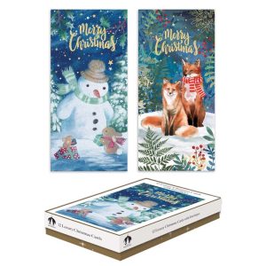 CHRISTMAS CARDS WOOD SNOWMAN / FOX - PACK OF 12 SLIM BOXED