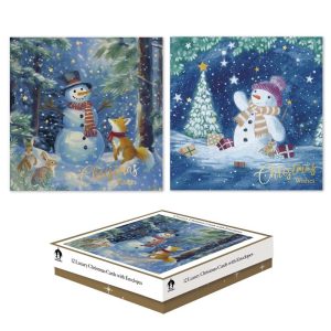 CHRISTMAS CARDS WOODLAND SNOWMEN - PACK OF 12 SQUARE BOXED