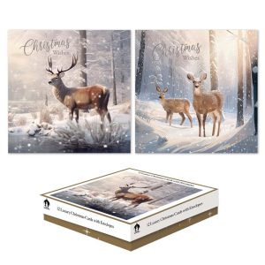 CHRISTMAS CARDS SNOW DEERS - PACK OF 12 SQUARE BOXED